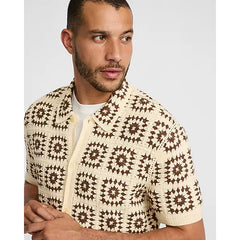 Express Textured Crochet Natural Short Sleeve Sweater Polo