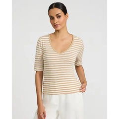 Express Textured Striped Ribbed V Neck Elbow Sleeve Tee