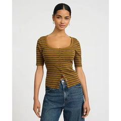 Express Ribbed Striped Scoop Neck Elbow Sleeve Button Front Tee