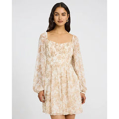 Express Printed Chiffon Sweetheart Ruched Smocked Back Mini Dress with Pockets