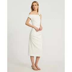 Express Signature Ponte Asymmetrical One Shoulder Ruched Midi Dress