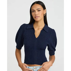 Express Collared Patterned Knit Short Puff Sleeve Sweater