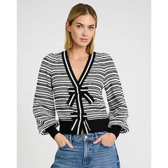 Express Striped V Neck Long Sleeve Bow Cardigan