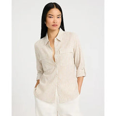 Express Summer Blend Linen Striped Rolled Sleeve Utility Portofino Shirt