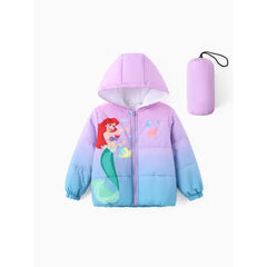 PATPAT Disney Princess Toddler Girl 2pcs Cindere/Belle/Ariel Heart/Dots/Gradient Print Hooded Puffer Jacket Coat With Storage Bag Ombre