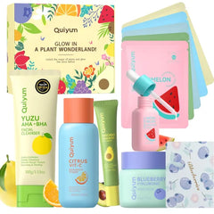 QUIYUM Fruit Skin Care Set for Women & Teens, Facial Skincare Routine Kit with Cleanser Serum Eye Cream Moisturizer Mask, Hydrating Glow Up Beauty Gift Set