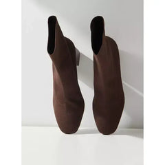 MAX FASHION Solid Slip-On Boots with Block Heels-Brown