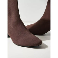 MAX FASHION Solid Slip-On Boots with Block Heels-Brown