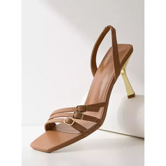 MAX FASHION Buckle Detail Slip-On Slingback Sandals with Stiletto Heels-Brown