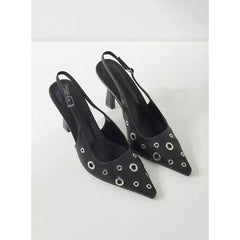 MAX FASHION Grommet Detail Pointed Toe Sandals with Backstrap and Stiletto Heels-Black