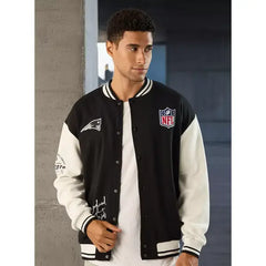 NFL Patriots Print Oversized Fit Bomber Jacket - Black