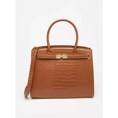 MAX FASHION Textured Tote Bag with Double Handle and Metal Accent-Brown