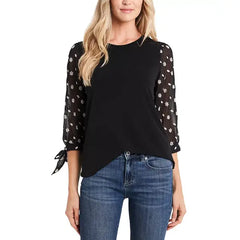 Macy's Women's Crewneck Puff 3/4-Tie Sleeve Knit Top-Rich-Black