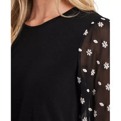 Macy's Women's Crewneck Puff 3/4-Tie Sleeve Knit Top-Rich-Black