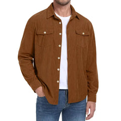 GIRUNS Men's Corduroy Jacket Casual Lightweight Jacket Button Up Long Sleeve Shirts With Flap Pockets Navy Blue L