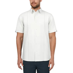 Cafe Luna Men's Short Sleeve Linen Cotton Panel Woven Shirt