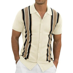 Iceglad Mens Polo Shirts Vintage Striped Knitting Short Sleeves Button Down Golf Shirts