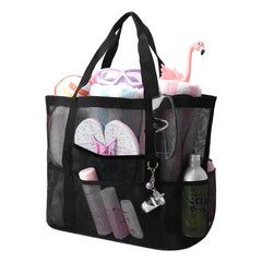Mesh Beach Bag, TSV Large Mesh Beach Tote Bag With 9 Pockets, Swimming Travel Tote Bag, Foldable Beach Duffle Bag, Black