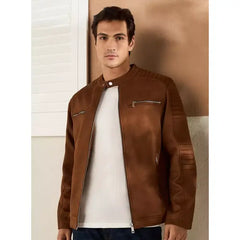 Suede Biker Jacket with Zip Closure - Brown
