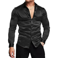 Mens Silk Shirts Long Sleeve-Luxury Shiny Silk Satin Party Dress Shirt Button Up Casual Muscle Fit for Men
