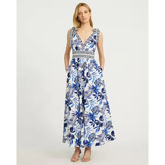Express Cotton Poplin Printed Tie Strap Smocked Waist Maxi Dress with Pockets