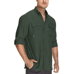 Asfixiado Mens Safari Work Shirts Long Sleeve Hiking Fishing Tops UPF 50+ Quick Dry Camping Travel Button Down Shirt with Pockets