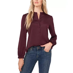 Macy's Women's Long Sleeve Crew Neck Button-Up Blouse-Rich cabernet