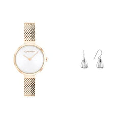 Calvin Klein Minimalistic T Bar 28Mm Mesh Women's Silver White Dial, Ionic Plated Carnation Gold Steel Watch + Calvin Klein Sculptured Drops, Women's Earrings