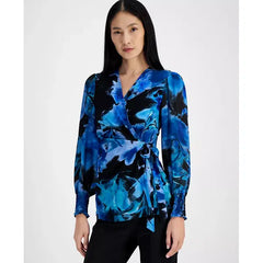 Anne Klein Womens Floral Print Smocked Wrap Top, Elegant Feminine Blouse for Day or Night