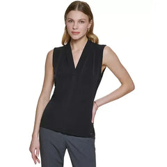 Macy's Gathered V-Neck Sleeveless Top-Black