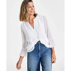 Women's Textured Pintuck Ruffle Sleeve Top, Regular & Petite, Created for Macy's-Bright white