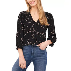 Macy's Women's Floral-Print Button-Front Blouse-Rich Black
