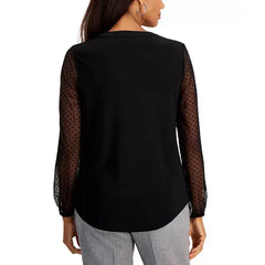 Macy's Women's Sheer-Sleeve Split-Neck Knit Top, Regular and Petite Sizes-Black