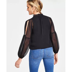 Women's Crinkle Chiffon Cold-Shoulder Blouse, Created for Macy's-Black