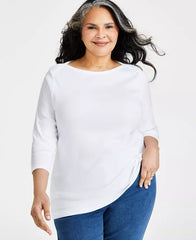 Plus Size Pima Cotton 3/4-Sleeve Top, Created for Macy's-White