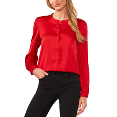 Macy's Women's Long Sleeve Crew Neck Button-Up Blouse-Stoplight Red