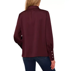 Macy's Women's Luxe Satin Imitation Pearl Button Down Blouse-Rich Cabernet