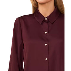 Macy's Women's Luxe Satin Imitation Pearl Button Down Blouse-Rich Cabernet
