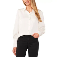 Macy's Women's Luxe Satin Imitation Pearl Button Down Blouse-Soft ecru