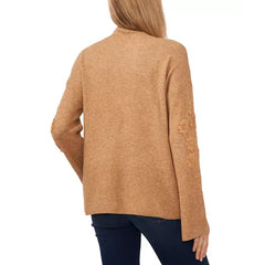 Macy's Women's Floral Embroidered Mock Neck Bell-Sleeve Sweater-Latte heather