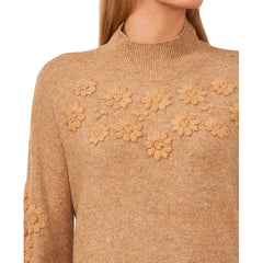 Macy's Women's Floral Embroidered Mock Neck Bell-Sleeve Sweater-Latte heather