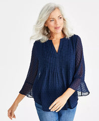 Women's Textured Pintuck Ruffle Sleeve Top, Regular & Petite, Created for Macy's-Industrial blue