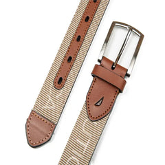 Nautica Men's Leather Tab Signature Webbing Logo Belt - Khaki