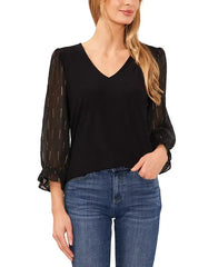 Macy's Women's V-Neck Sheer Mixed-Media Gold Lurex 3/4-Sleeve Knit Top-Black