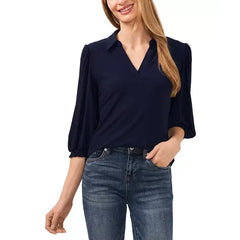 Macy's Women's Collared V-Neck Puff Shoulder 3/4-Sleeve Top-Black
