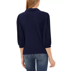 Macy's Women's Collared V-Neck Puff Shoulder 3/4-Sleeve Top-Black