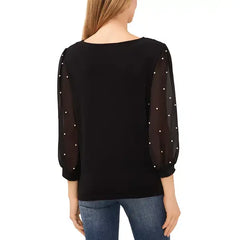 Macy's Women's Mixed Media Imitation-Pearl-Stud Top-Rich black