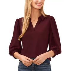 Macy's Women's Collared V-Neck Puff Shoulder 3/4-Sleeve Top-Rich cabernet