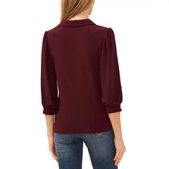 Macy's Women's Collared V-Neck Puff Shoulder 3/4-Sleeve Top-Rich cabernet