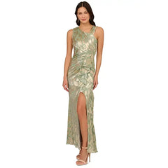 Adrianna Papell Womens Asymmetric Metallic Print Mermaid Gown, Elegant Formal Evening Dress